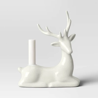 8.25" Taper Crackled Ceramic Deer Christmas Candle Holder White - Wondershop™ - Image 2