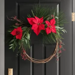 24" Poinsettia Flower And Vine Artificial Christmas Wreath Red - Wondershop™