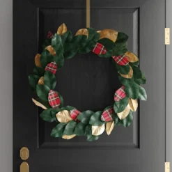 28" Mixed Leaves Artificial Christmas Wreath Green/Plaid/Gold - Wondershop™