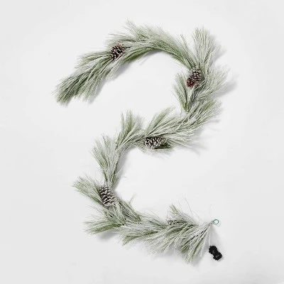 9' Battery Operated Pre-Lit Flocked Long Needle Artificial Pine Christmas Garland Warm White LED Lights - Wondershop™ - Image 2