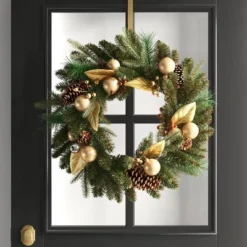 28" Mixed Greenery With Berries And Ornaments Artificial Christmas Wreath Green/Gold - Wondershop™