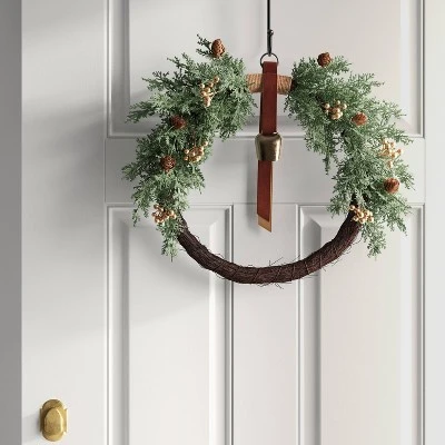 20" Cypress And Vine Artificial Christmas Wreath With Gold Berries And Bell - Wondershop™