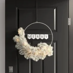 20" Battery Operated Lit Flocked Mixed Greenery On 'Merry' Metal Hoop Artificial Christmas Wreath White - Wondershop™