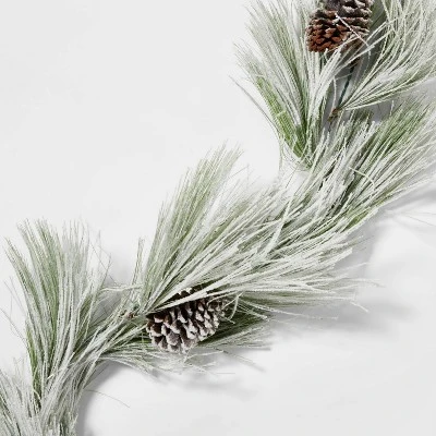 9' Battery Operated Pre-Lit Flocked Long Needle Artificial Pine Christmas Garland Warm White LED Lights - Wondershop™